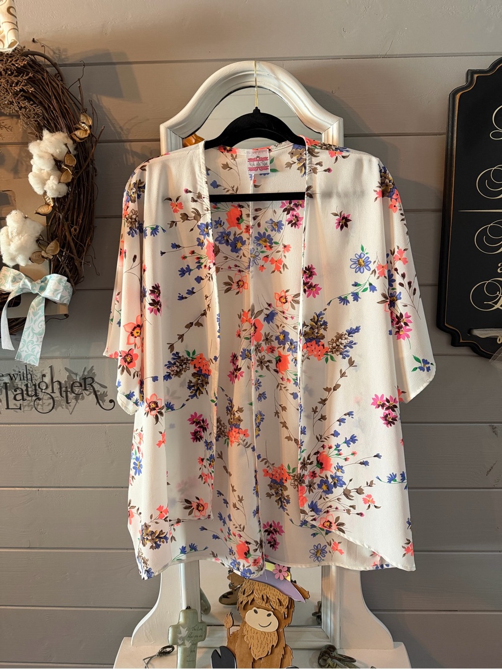Floral Open-Front Kimono Cardigan - Ivory with Orange & Blue Flowers